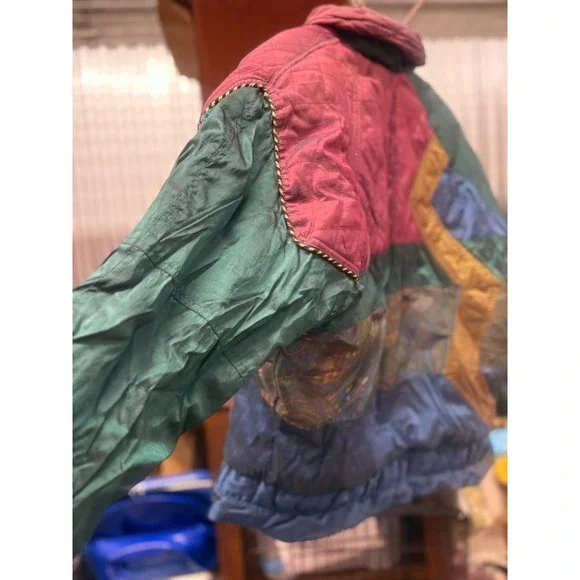Vintage 80s groovy Bomber Jacket Metallic Teal Pink Gold Women's Size Large - Picture 5 of 12